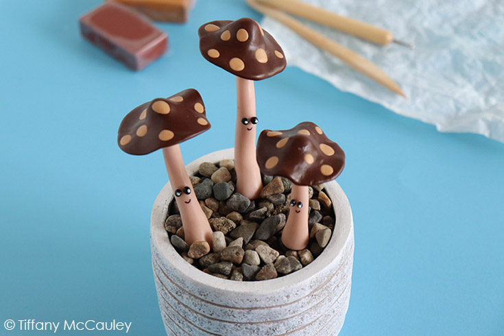 The caps put on the mushroom stems and inserted into a plant pot. This is the last step in making these polymer clay mushrooms.