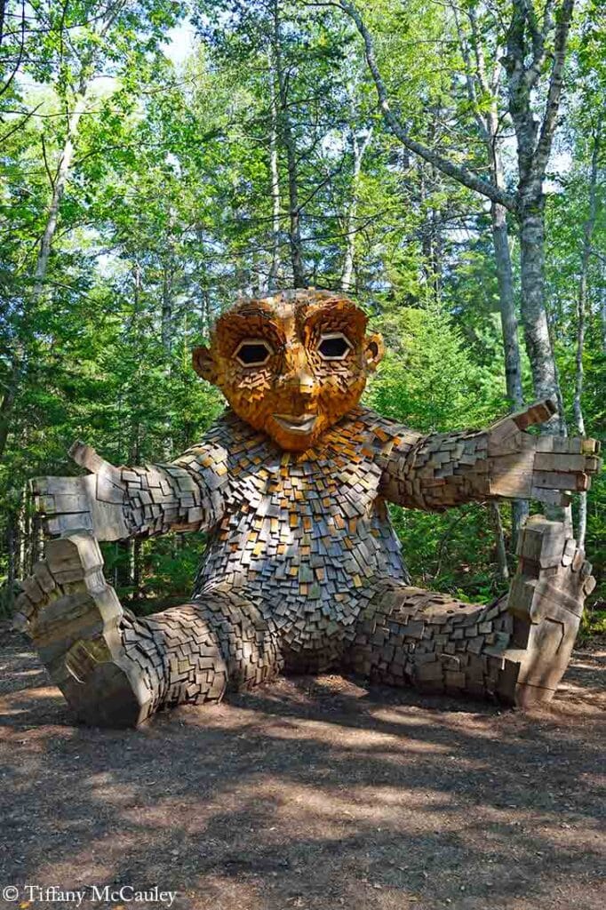 A front view of the Lilja statue in the Coastal Maine Botanical Gardens.