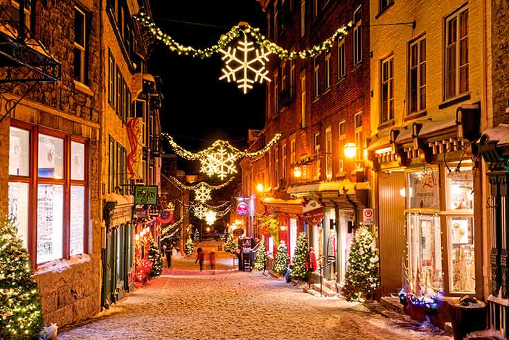 A store-lined street in Quebec City, Canada at Christmas time.