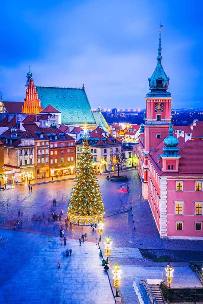 Warsaw Poland, view of the town square at Christmas.